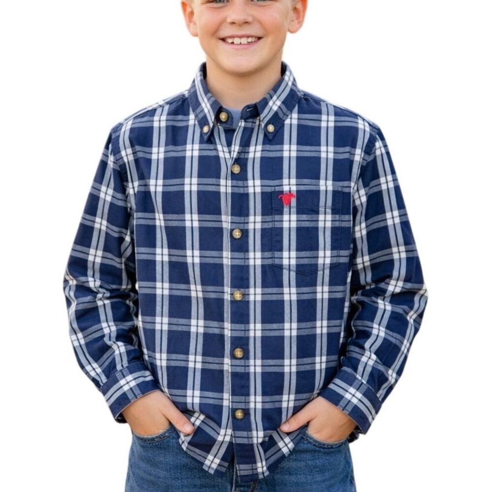 Wrangler Boys XXL 18 Blue Plaid Button Down Shirt Long Sleeve Cotton
